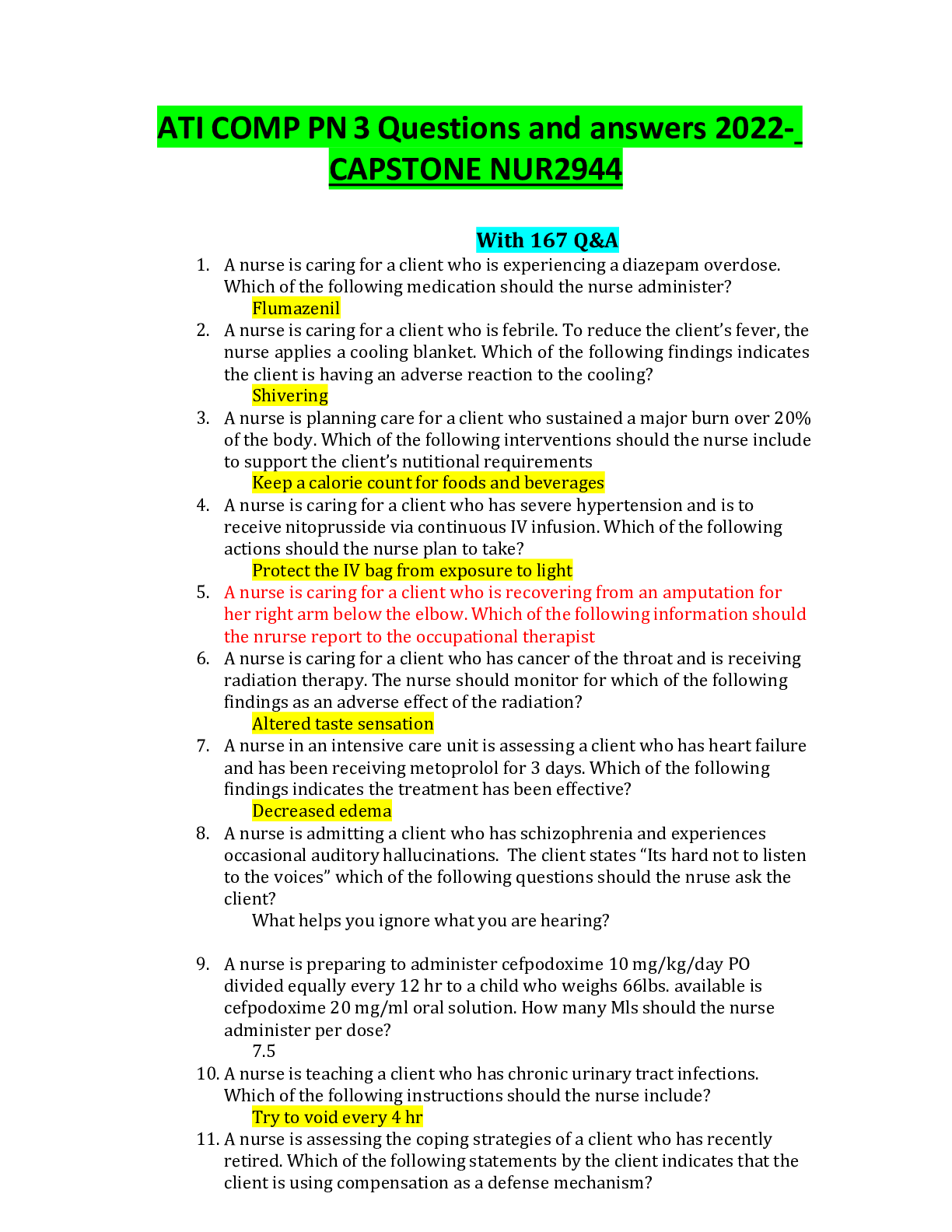 Preview of ATI COMP PN 3 Questions and answers 2022- CAPSTONE NUR2944